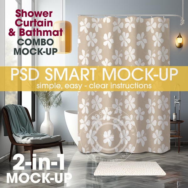 PSD Smart Shower Curtain + Bathmat Combo Mockup, Editable Photo - PSD Shower Curtain & Bathmat Mockup, Bathroom Mockups, Photoshop Editable