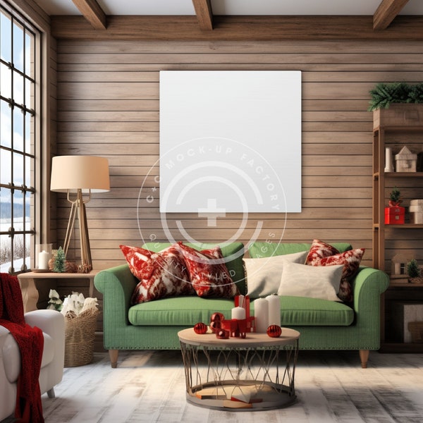Christmas Large Square Canvas Wall Art Multi-Use Mockup Photo with Cozy Wood Wall Neutral Modern Boho Farmhouse Aesthetic for 36x36"