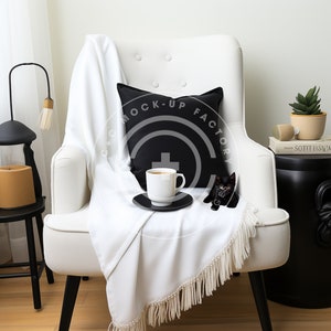 Maquette de coussin carré automne noir - chaise confortable, jeté de couverture, oreiller noir, maquettes d'Halloween, chaton noir