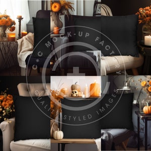 Black & Orange Fall Floral Halloween Throw Pillow Mockup Bundle - Halloween Throw Pillow Cover Mock Ups Set of 6