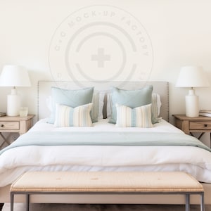 Bedroom Mockup Blank Wall Art Photo - Stylish Coastal Beach House Aesthetic for Canvas Frames and Poster Prints, Bedroom Wall Decor Mockup