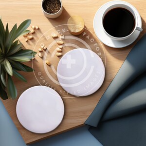 Round Ceramic 2 Coaster Mockup Photo with Cozy Coffee & Plant Boho Aesthetic , Coaster Mockups