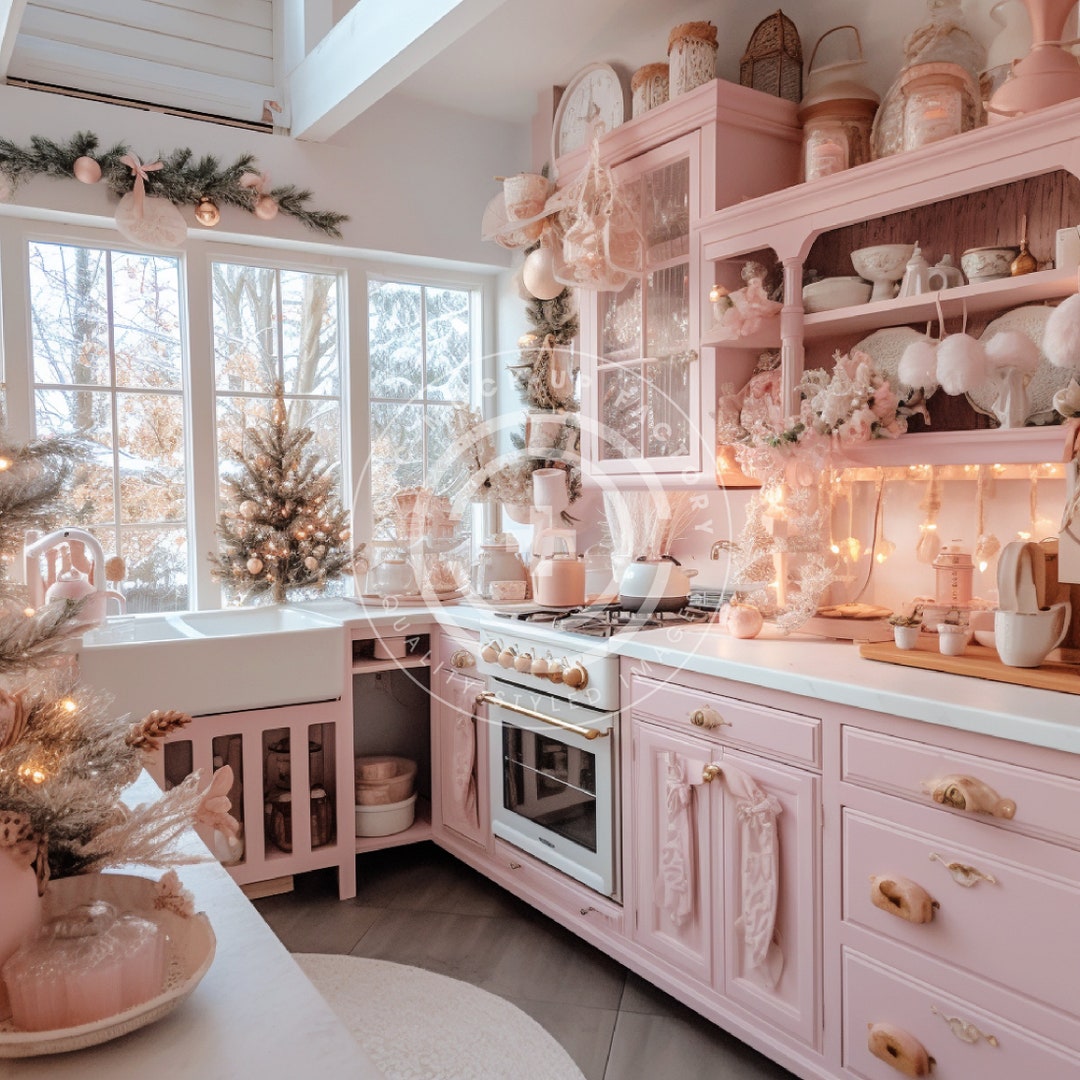 Pink Christmas Kitchen Stock Image Mockup Photo - Pastel Holiday