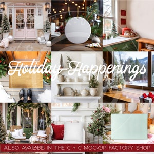 May include: A collage of images showcasing a variety of holiday decor and scenes. The images include a pink front door with a wreath, a white ceramic ornament, a window with a view of a snowy landscape, a shelf with white dishes and a potted plant, a wooden table with a candle and a gift box, and a porch swing with a red pillow and a Christmas tree.