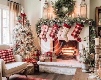 Imagen de maqueta de la foto de stock de la sala de estar de Navidad - Estética de la cabaña de Navidad del país francés, maqueta de decoración navideña, imagen de la sala de estar de vacaciones