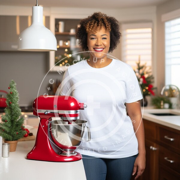 Christmas White BC 3001 Bella Canvas Short Sleeved Tee Mockup, Christmas Kitchen Mockup, Holiday White Tee Stock Photo