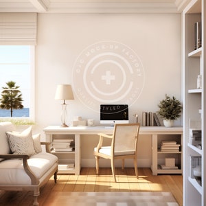 Office Mockup Blank Wall Art Photo - Stylish Coastal Beach House Aesthetic for Canvas Frames & Prints, Office Wall Decor Mockup