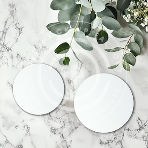3.5&quot; and 4&quot; - Round Ceramic 2 Coaster Mockup Photo with Cozy Coffee & Plant Aesthetic , Coaster Mockups, 2 sizes at once, Coasters