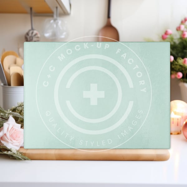 Tempered Glass Cutting Board Christmas Mockup Photo with Pretty Pink Pastel Shabby Chic Kitchen Aesthetic, Christmas Kitchen Mockups