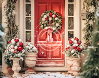 Christmas Front Door Stock Photo Mockup Image - French Country Christmas Cottage Aesthetic, Holiday Home Decor Mockup, Christmas Stock Image