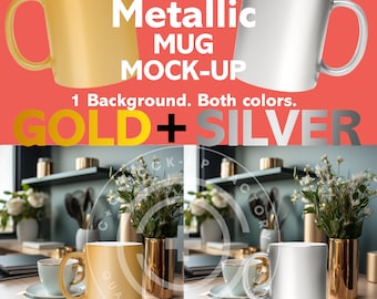 11 oz Gold + Silver Mug Mockups, 2 Metallic Mugs on 1 Background, Modern Kitchen Background, Metallic Mug Mockups, Mockups
