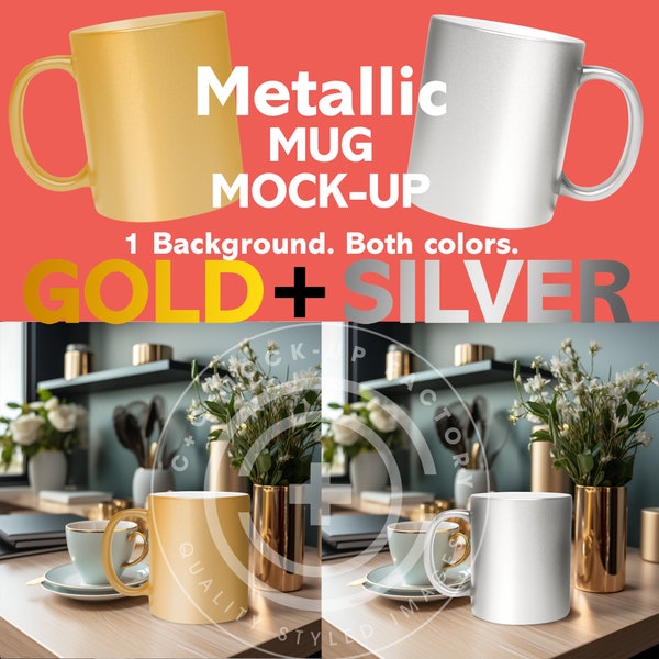 11 oz Gold + Silver Mug Mockups, 2 Metallic Mugs on 1 Background, Modern Kitchen Background, Metallic Mug Mockups, Mockups