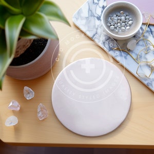 Round Ceramic Coaster Mockup Photo with Pretty Boho Beachy Aesthetic, Coaster Mockups