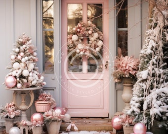 Pink Christmas Front Door Stock Photo Mockup Image - Pink & White Christmas Aesthetic, Holiday Home Decor Mockup, Pink Christmas Stock Image