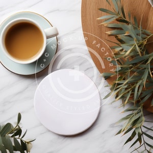 Round Ceramic Coaster Mockup Photo with Pretty Contemporary Boho Aesthetic, Coaster Mockups