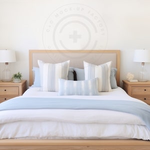 Bedroom Mockup Blank Wall Art Photo - Stylish Coastal Beach House Aesthetic for Canvas Frames and Poster Prints, Bedroom Wall Decor Mockup
