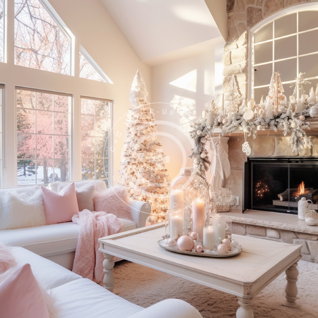 Pink Christmas Living Room Stock Image/mockup - Pastel Pink Holiday ...