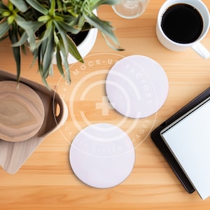 Round Ceramic 2 Coaster Mockup Photo with Cozy Coffee & Plant Aesthetic , Coaster Mockups