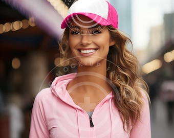 Trucker Mesh Cap Mockup, Pink Trucker Cap on Male Mockup, Pink and White Trucker Hat, Mesh Cap Mock-up, Trucker Caps, Mesh Hat Stock Image
