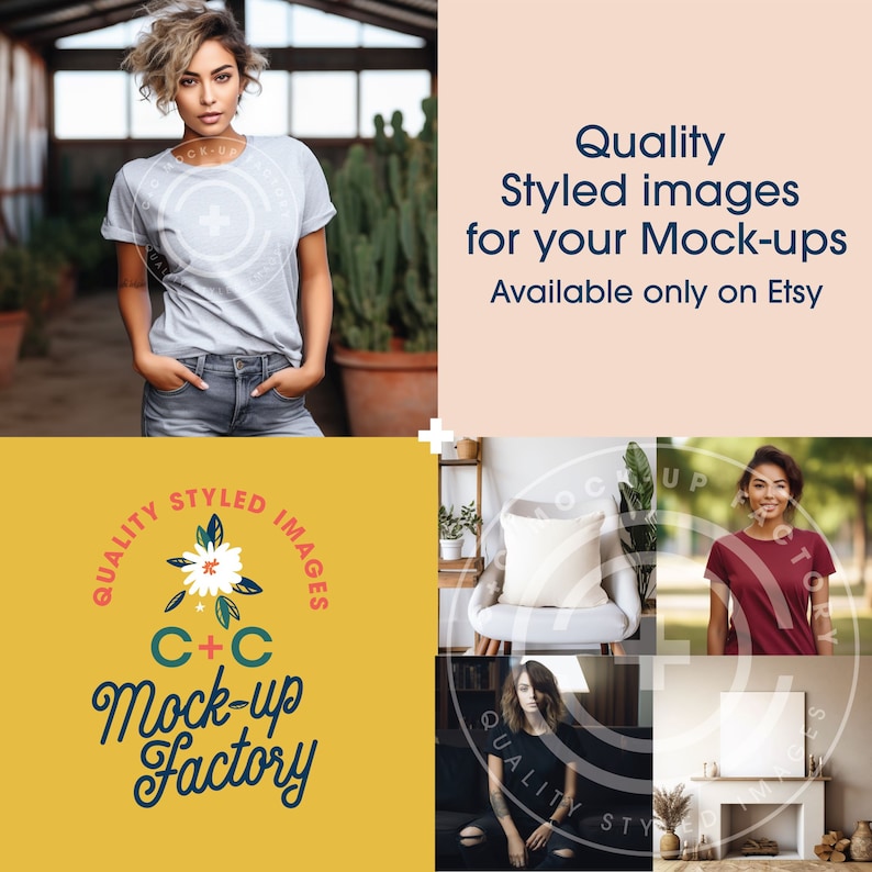 May include: A collage of images featuring various styled mockups, including a woman wearing a white t-shirt, a woman wearing a red t-shirt, a woman wearing a black shirt, and a white frame on a fireplace mantel. The collage is surrounded by a yellow background with a logo that reads "Quality Styled Images C+C Mock-up Factory".