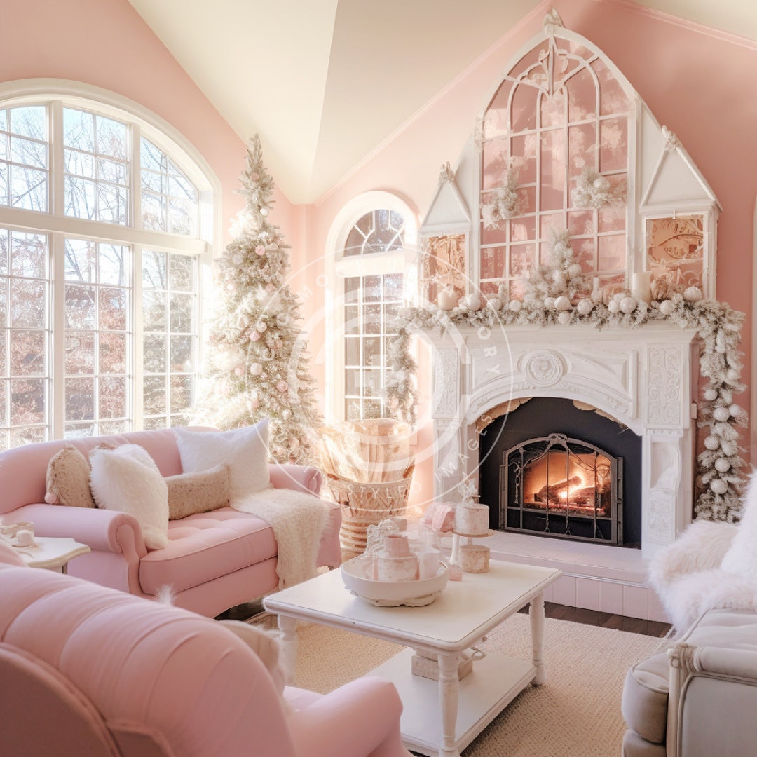 Pink Christmas Living Room Stock Image/mockup - Pastel Pink Holiday ...