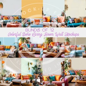 Living Room Blank Wall Mockup Photo Bundle - Set of 12 Living Room Wall Art Boho Indie Colorful, Mockup Bundle Sale, Living Room Mockups
