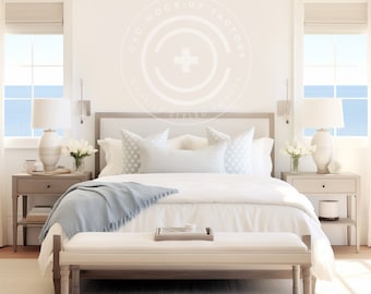 Bedroom Mockup Blank Wall Art Photo - Stylish Coastal Beach House Aesthetic for Canvas Frames and Poster Prints, Bedroom Wall Decor Mockup