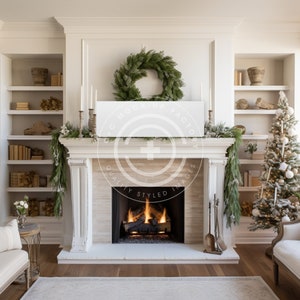Christmas Fireplace 36x12&quot; Canvas Wall Art Multi-Use Mockup Photo with Bright Classic Holiday Modern Farmhouse Aesthetic