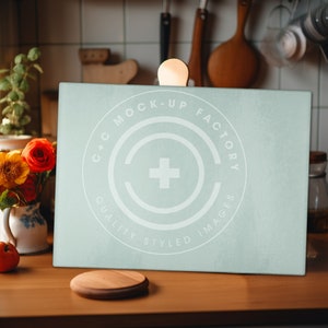Cutting Board Mockup Photo - Tempered Glass 11x15&quot; Large with Cozy Boho Floral Kitchen Aesthetic, Cottagecore Kitchen Mockup Photos