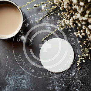 Round Ceramic Coaster Mockup Photo with Pretty Contemporary Boho Aesthetic, Coaster Mockups