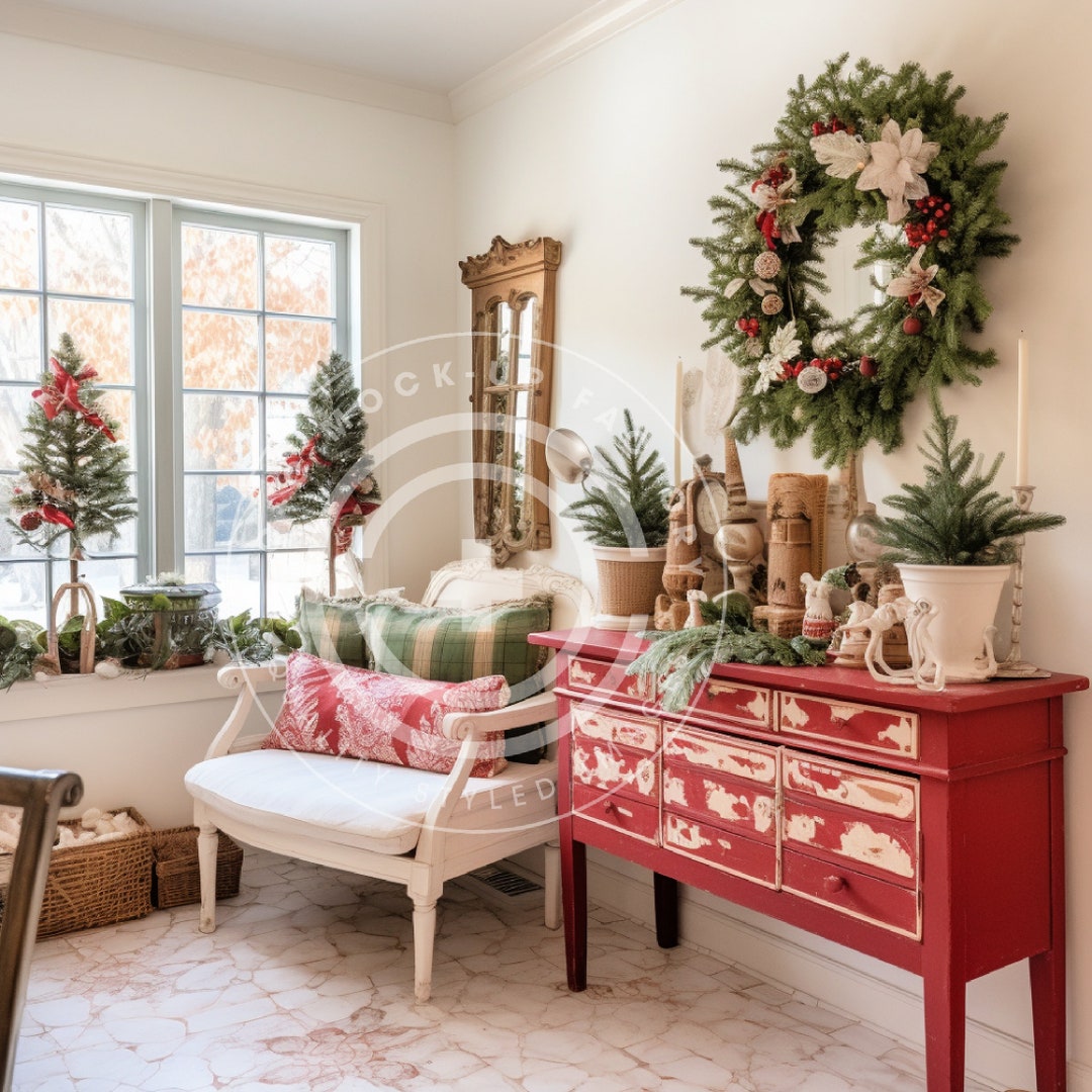 French Country Cottage Christmas Entryway, Multi-use Stock Image Mockup