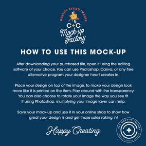 Puede incluir: Un fondo azul con texto blanco que dice "C+C Mock-up Factory" y "HOW TO USE THIS MOCK-UP". El texto explica c&oacute;mo usar una maqueta para crear un dise&ntilde;o. El texto tambi&eacute;n dice "Happy Creating".