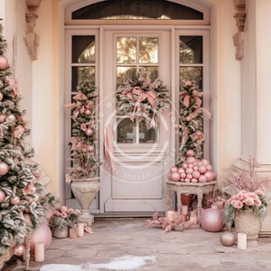 Pink Christmas Front Door Stock Photo Mockup Image - Pink & White