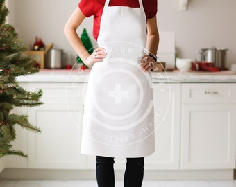 Christmas White Apron Mockup, Kitchen Mockup, Holiday Apron Stock Photo, Women&#39;s Apron Image, Holiday Gift, Apron Mockup, Christmas Apron