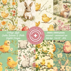 Lapins de Pâques poussins vintage Style motifs numériques sans couture, motifs de Pâques POD, papier de scrapbooking de Pâques, collage de journal indésirable, lot de 8