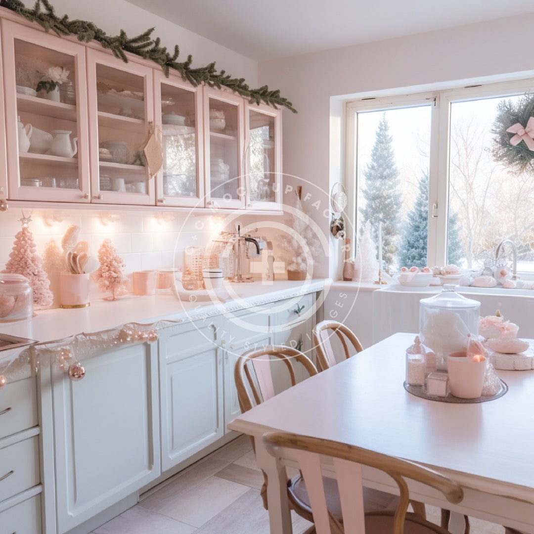 Pink Christmas Kitchen Stock Image Mockup Photo Pastel Holiday ...