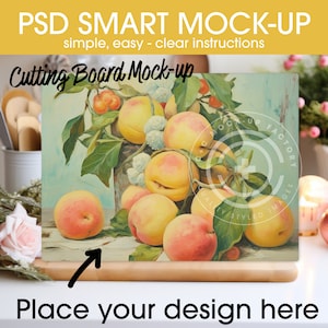 May include: A wooden cutting board with a painted image of peaches and leaves. The board is on a white surface with a white arrow pointing to the board. The text "Place your design here" is below the board.