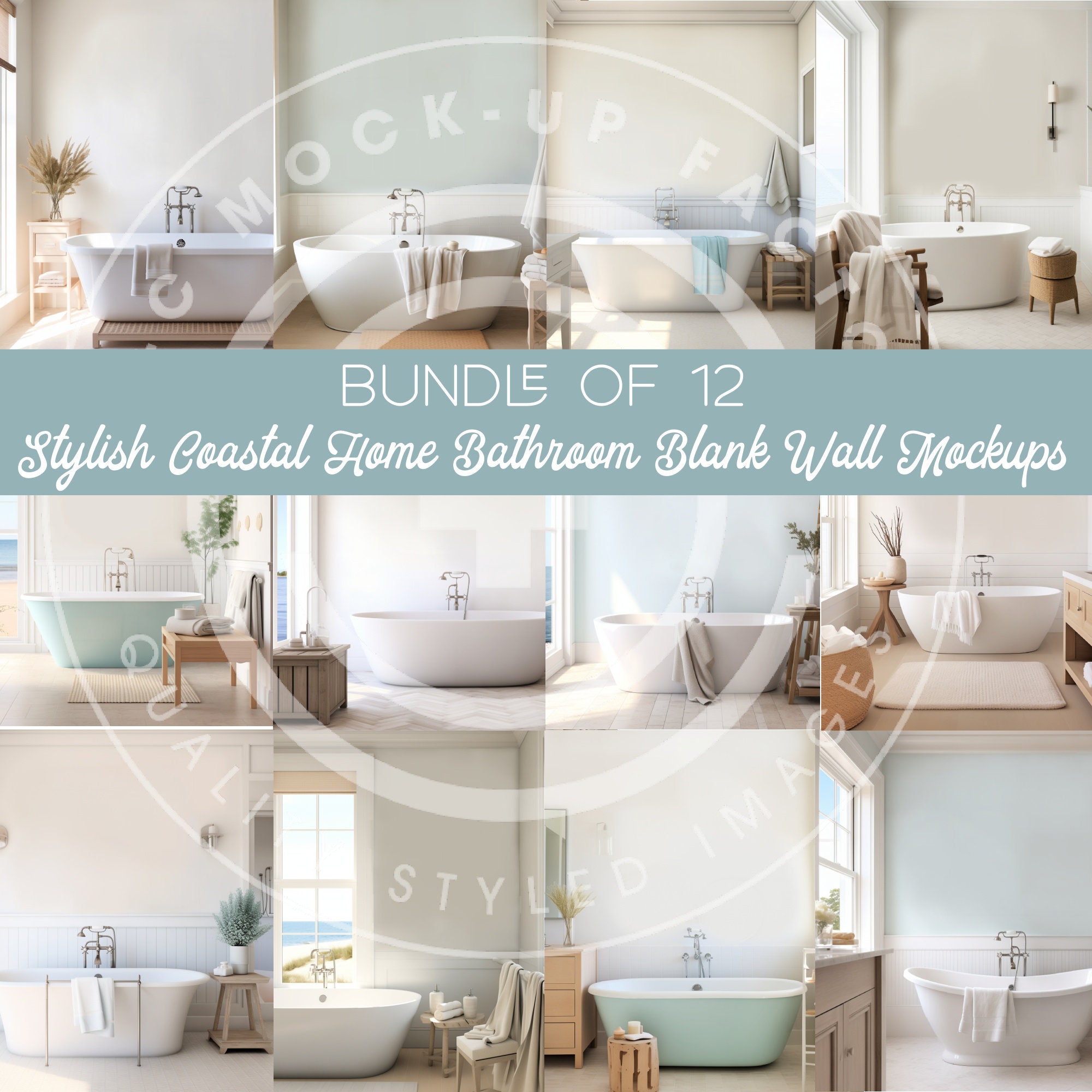 Bathroom Blank Wall Art Mockup Photo Bundle - Set of 12 Bathroom Wall Art Stylish Coastal, Mockup Bundle Sale, Bathroom Wall Art Mockups