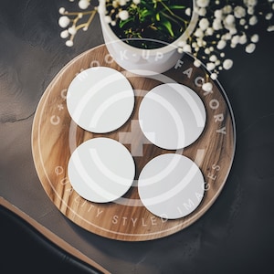 Round Ceramic - Four Coaster Mockup Photo with Cozy Plant and wood Aesthetic, Coaster Mockups