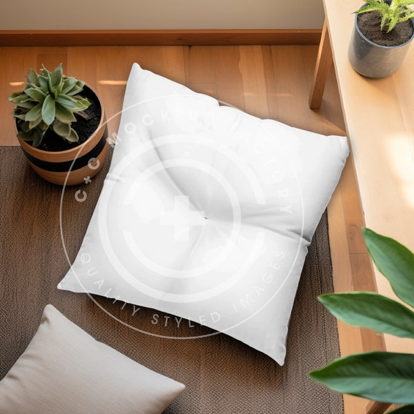 Square Floor Pillow Boho Mockup Photo in Bright Room, Boho Floor Pillow Stock Images, Meditation Floor Pillow Mockup