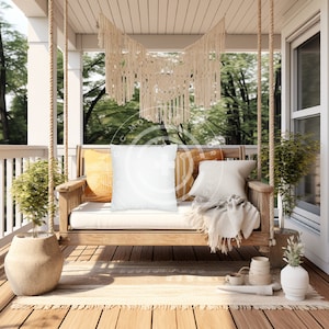 Square Throw Pillow Mockup in Cozy Boho Porch Swing, Front Porch Throw Pillow Mockups, Porch Swing Pillow Mockup Photos