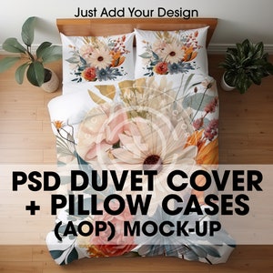 Makieta zestawu PSD Smart Duvet + Pillow Covers AOP, edytowalna makieta narzuty na kołdrę, makieta poszewki na kołdrę i poduszkę, makieta poszewki na kołdrę AOP.