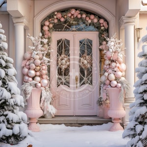 This wonderful Christmas Front Door stock image/ mockup photo features a Pink & White French Country  Aesthetic & a welcoming, holiday vibe.