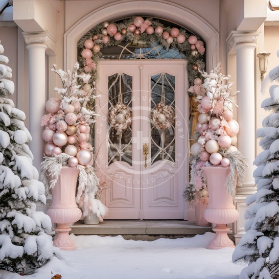 Pink Christmas Front Door Stock Photo Mockup Image - Pink & White Christmas Aesthetic, Holiday Home Decor Mockup, Pink Christmas Stock Image