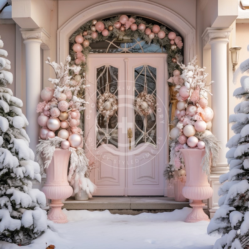 This wonderful Christmas Front Door stock image/ mockup photo features a Pink & White French Country  Aesthetic & a welcoming, holiday vibe.