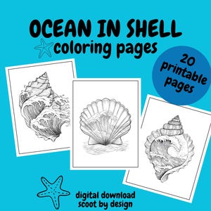 Ocean in Shell Coloring Pages, Coloring Pages for Kids and Adults, Digital Download, Fun Activity, Nautical Theme, Ocean and Shells Coloring