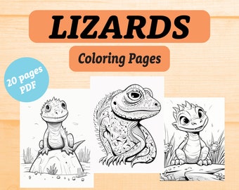 Könnte beinhalten: Ein digitaler Download mit Ausmalbildern von Eidechsen. Das Cover zeigt drei schwarz-weiße Eidechsenillustrationen mit dem Wort "LIZARDS" über "Coloring Pages". Ein blauer Kreis zeigt "20 Seiten PDF" an.