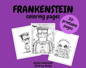 May include: Black and white coloring pages featuring Frankenstein's monster in different poses. The text "FRANKENSTEIN coloring pages" and "20 printable pages" is included in the image.