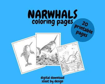 Op de afbeelding: Een set van 20 printbare kleurplaten met narwallen. De pagina's bevatten verschillende ontwerpen van narwallen, sommige met ingewikkelde patronen en andere met eenvoudigere ontwerpen. De tekst "NARWHALS coloring pages" en "20 printable pages" is opgenomen in de afbeelding.