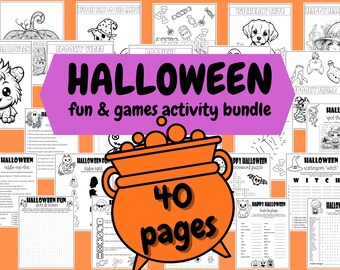May include: A Halloween fun and games activity bundle with 40 pages. The cover features a cauldron illustration with the text "HALLOWEEN fun & games activity bundle". Inside are coloring pages, puzzles, and games.